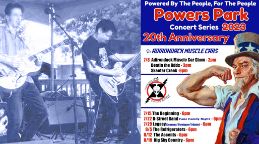 on the right decorative poster promoting the powers park concert series and on the left is a band playing on stage