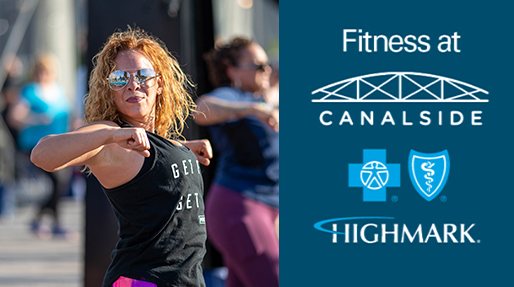 photo of a women during an excercise session along with the fitness at canalside logo and highmark blue cross blue shield logo
