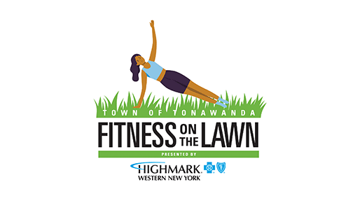 fitness on the lawn logo of a illustrated female doing yoga in the grass