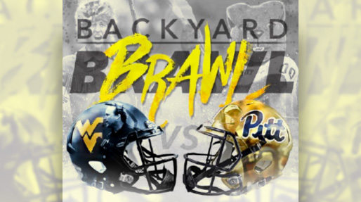 Pittsburgh Panthers vs West Virginia Mountaineers text with football helmets in the background
