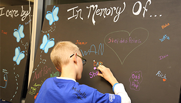 photo of a young man drawing on a chalkboard