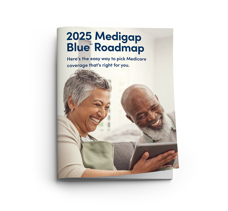 Cover of a brochure titled "2025 Medigap Blue Roadmap." The main text reads, "Here's the easy way to pick Medicare coverage that's right for you." The cover features two older adults, a woman and a man, smiling and looking at a tablet together, suggesting they are reviewing information or enjoying digital content.