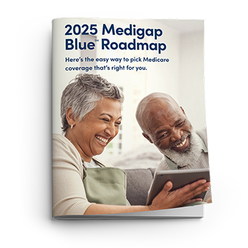 Cover of a brochure titled "2025 Medigap Blue Roadmap." The main text reads, "Here's the easy way to pick Medicare coverage that's right for you." The cover features two older adults, a woman and a man, smiling and looking at a tablet together, suggesting they are reviewing information or enjoying digital content.