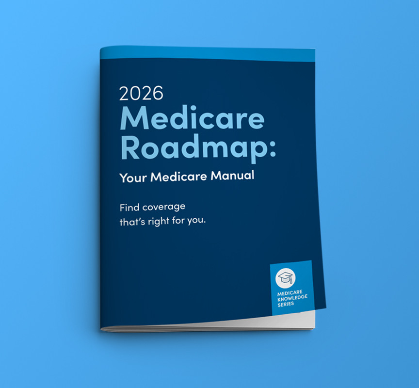 A dark blue book titled Medicare Roadmap Your Medicare Manual.