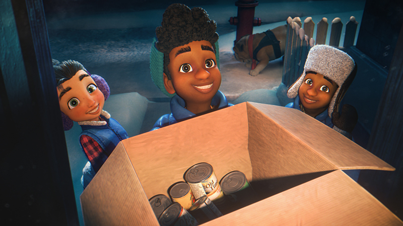 Three animated children smiling and looking into a cardboard box filled with canned goods. A dog and fire hydrant are visible in the background.