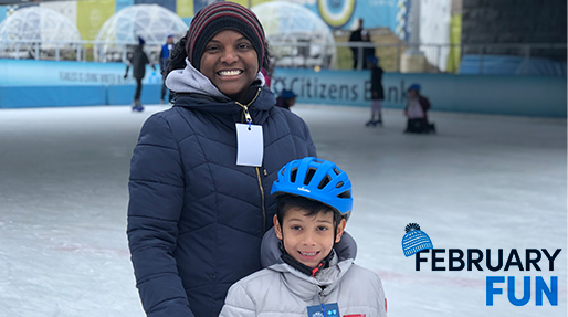 adult women and young man skating at canalside ice rink