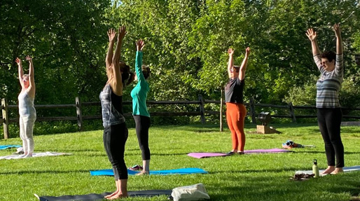 A group of adults practice yoga on a sunny day in a green park, highlighting the Highmark