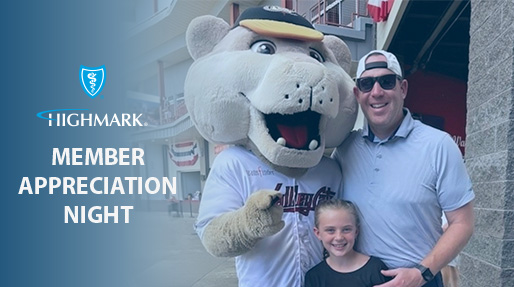 Highmark Member Appreciation Night graphic featuring a man, a young girl, and a mascot in front of a stadium.