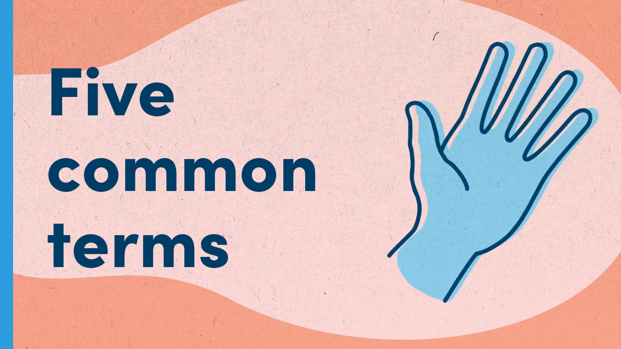 five common terms text also with a drawing of a hand showing five fingers