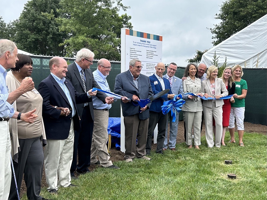 Highmark Health Options president Todd Graham joins Delaware elected officials and other funders for a ribbon cutting ceremony of the Georgetown Pallet Shelter Village, which received an initial startup investment from BluePrints for the Community in 2022