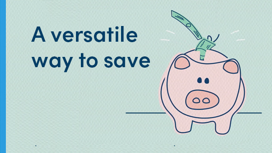 drawing of a piggy bank with a versatile way to save in text